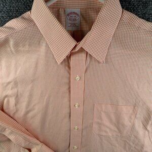 Brooks Brothers 16.5 35 Button Up Shirt Men Cotton Orange Check Traditional